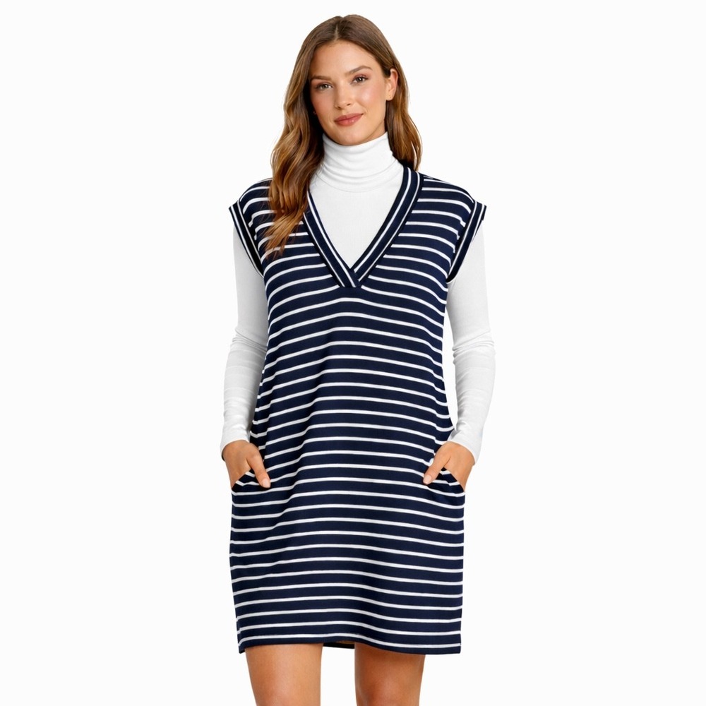 ATM Anthony Thomas Melillo Navy White Stripe Shift Dress Pima Cotton Size Small